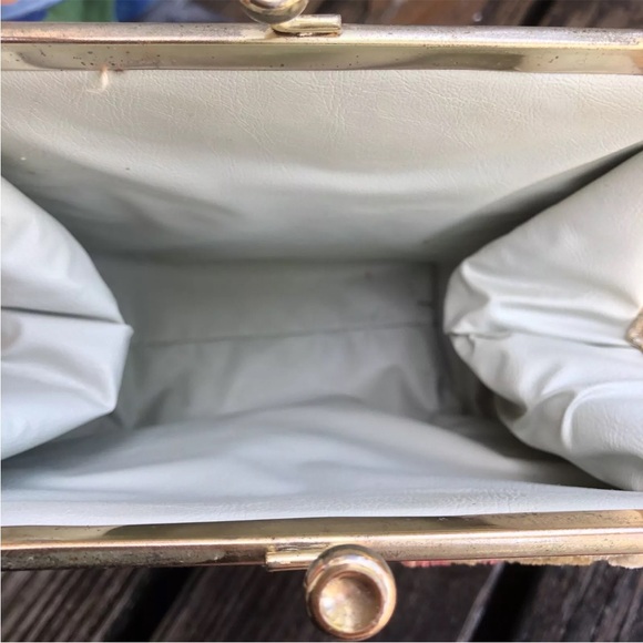 Floral Tapestry Burned Velvet Carpet Bag Purse Lucite Vintage Pink Green 50s 60s - Picture 9 of 10